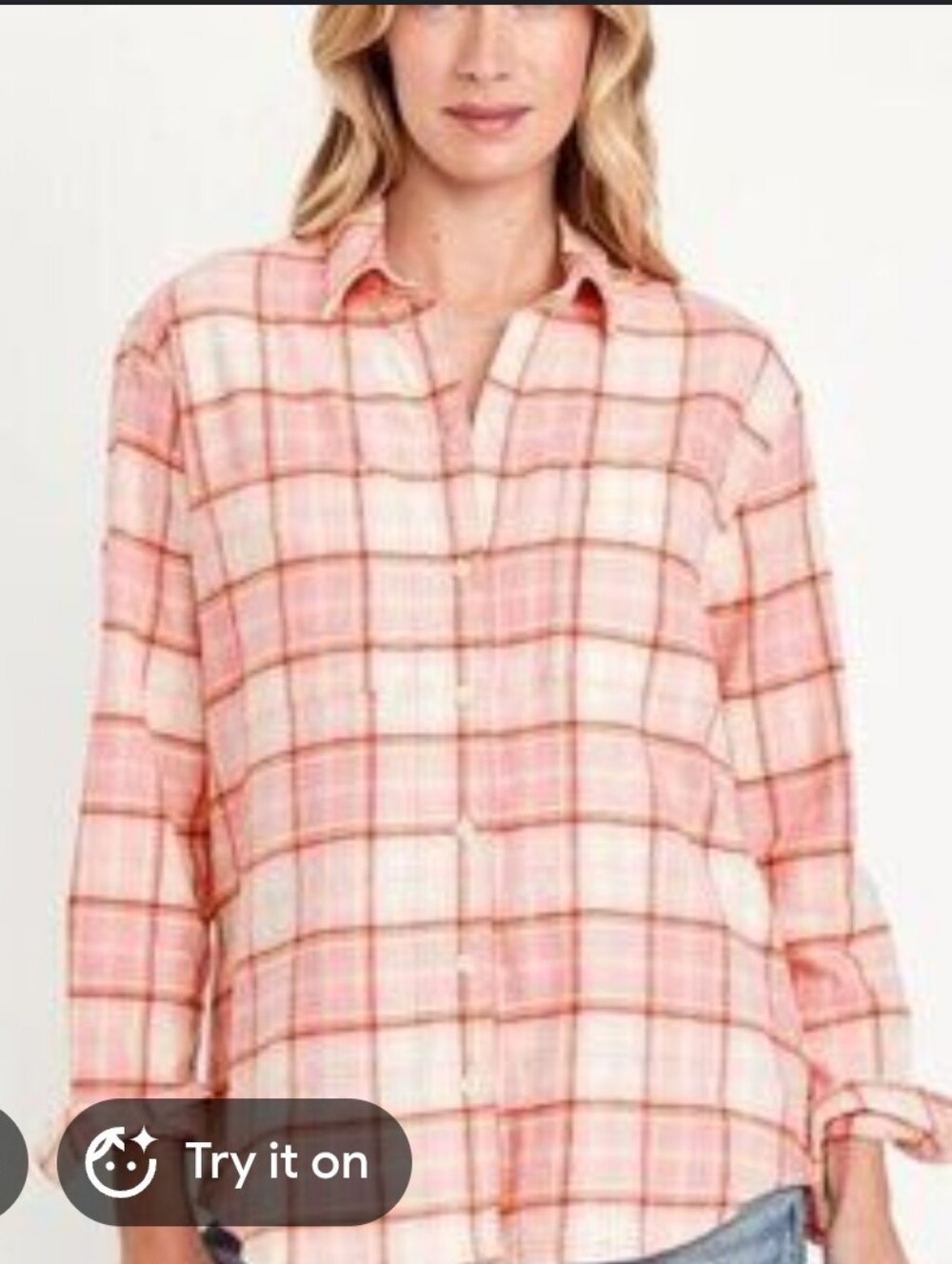 Women's Old Navy Boyfriend Shirt Pink Plaid Fleece Button Down Sz Large